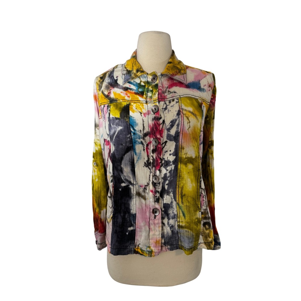 Parsley & Sage Womens Abstract Tie Dye Crinkle Button Down Shirt Art to Wear M
